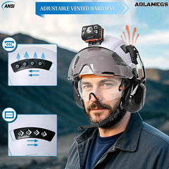 Construction safety helmet with head lamp and mounted earmuffs – image 3