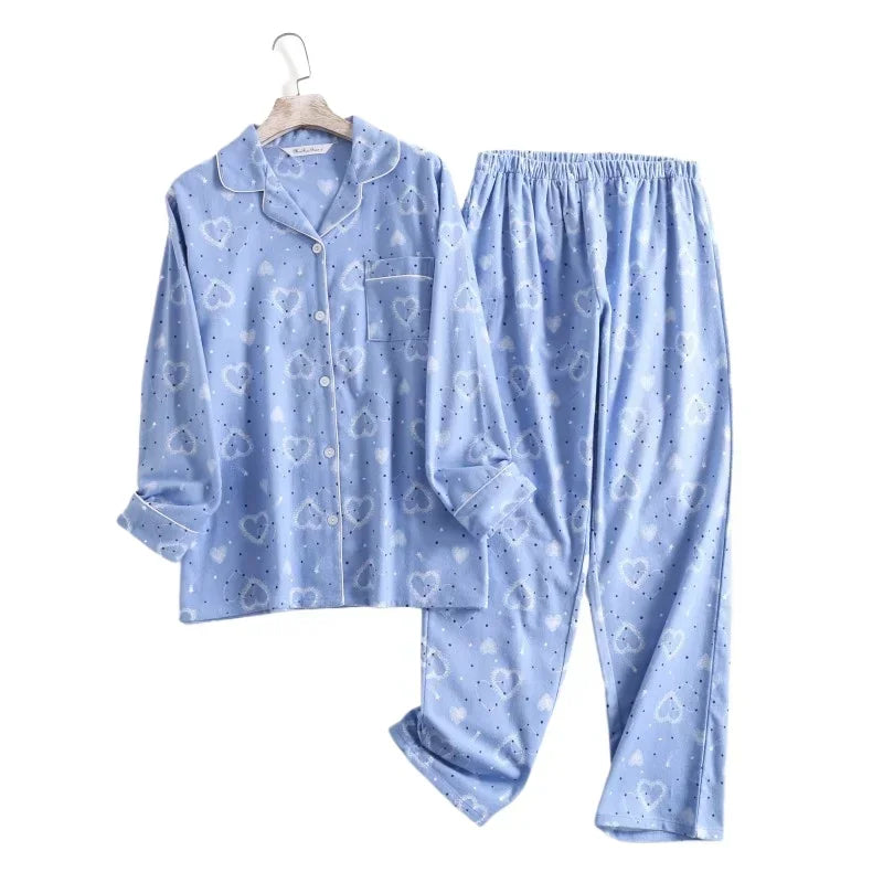 Women's Cotton Flannel Pajama Set | Plaid Long Sleeve Long Pants Loose Autumn Winter Sleepwear