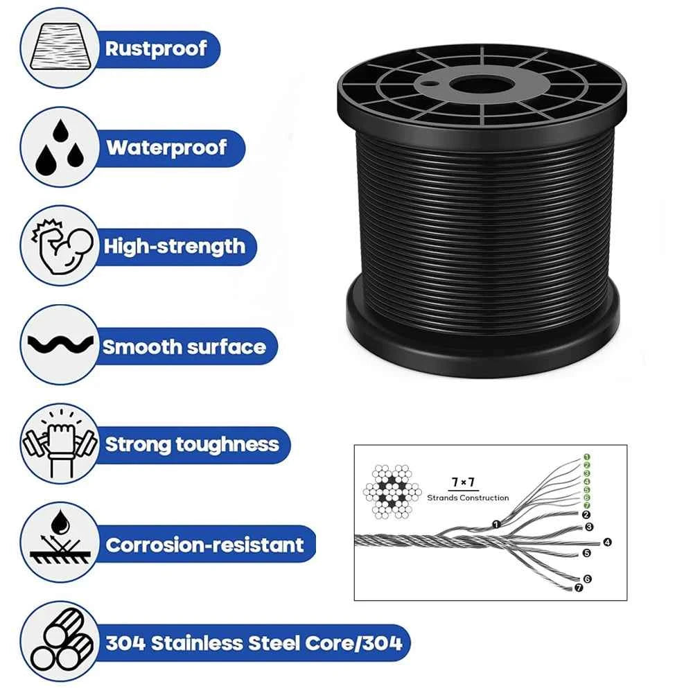 66pcs 3mm Black Stainless Steel Wire Rope Kit 20/30/50M | Heavy-Duty Balcony Railing Garden Farm Fence
