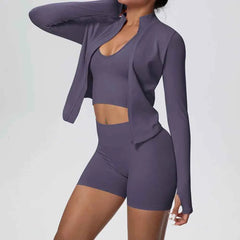 Women's 3-Piece Seamless Yoga Suit | Shockproof Bra Crop Top & Long Sleeve Gym Legging Set
