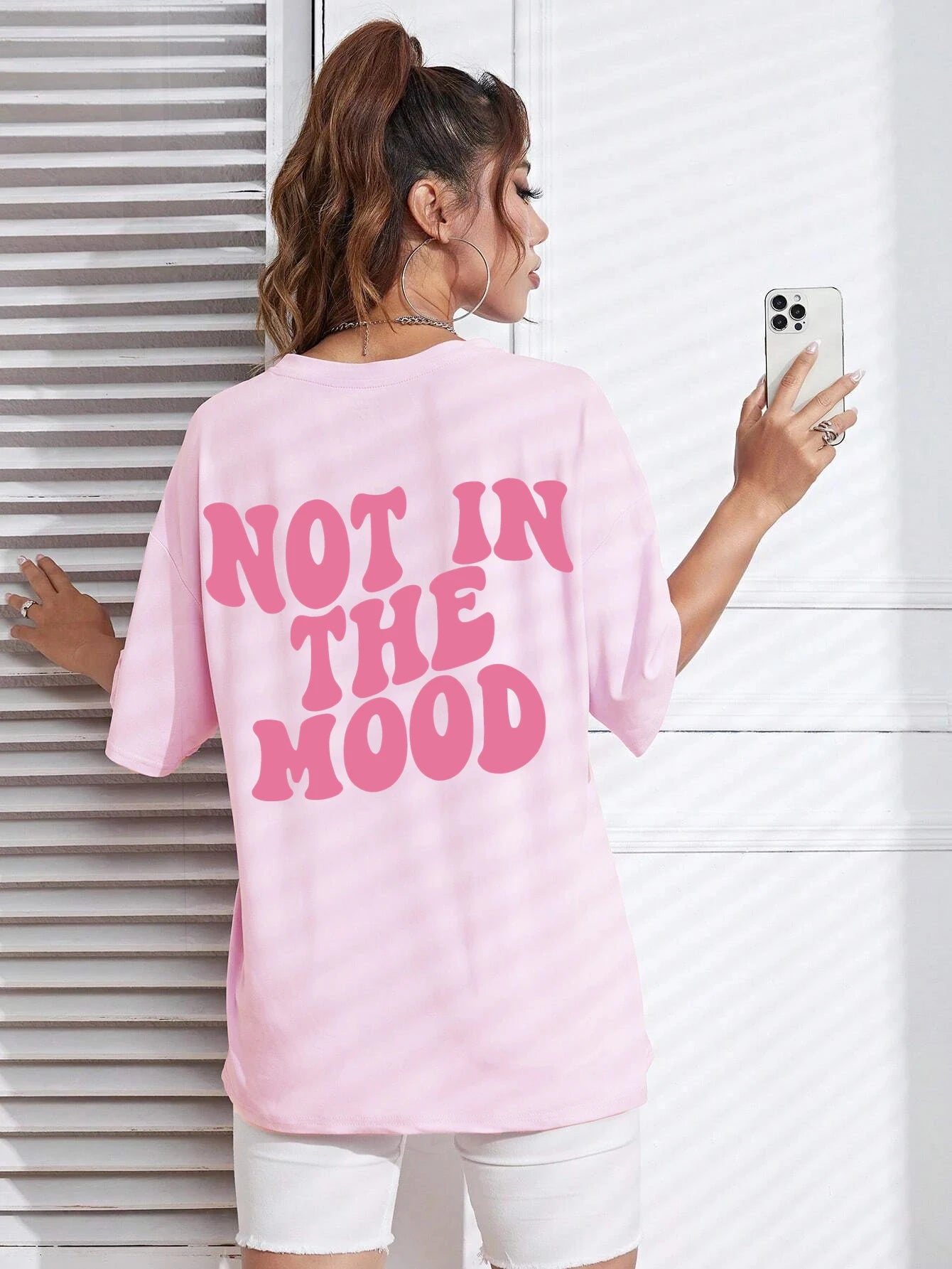 Women's "Not In The Mood" Pink Letter Print T-Shirt | Cotton Oversized O-Neck Breathable Summer Casual