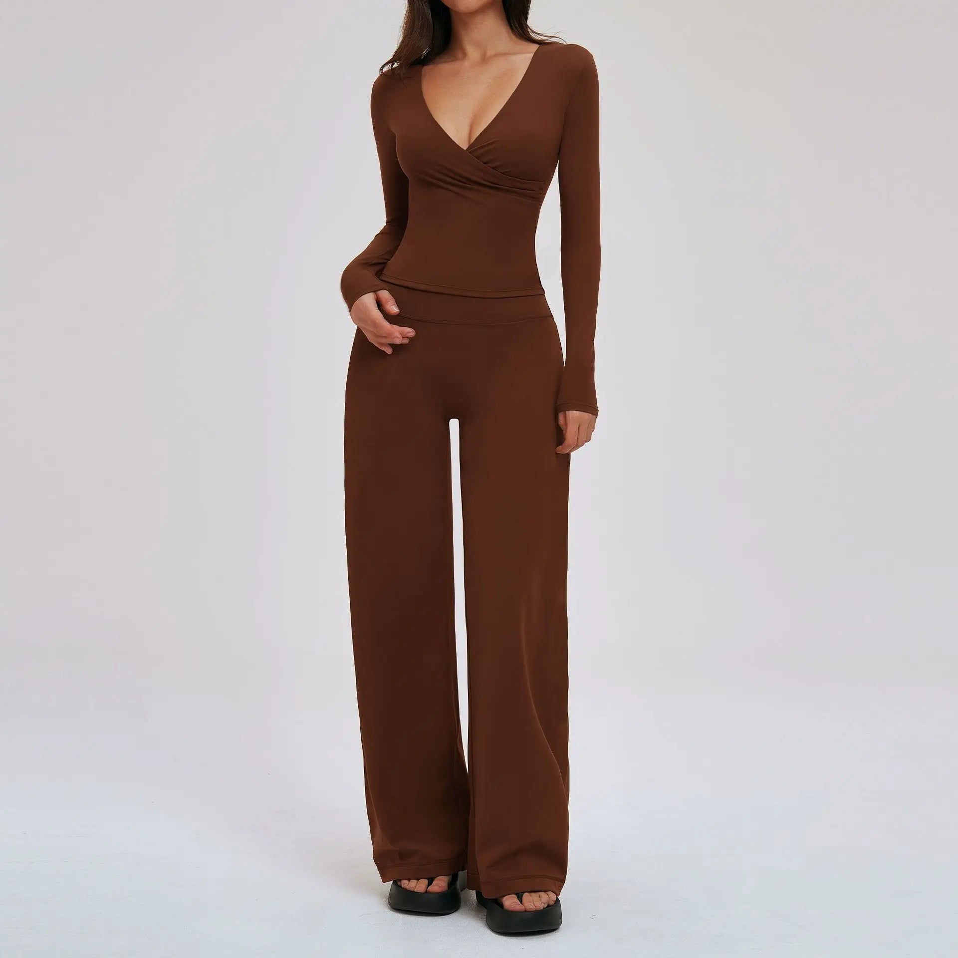 Women's 2-Piece Deep V Yoga Set | High Waist Flared Pants & Sports Bra Gym Fitness Tracksuit