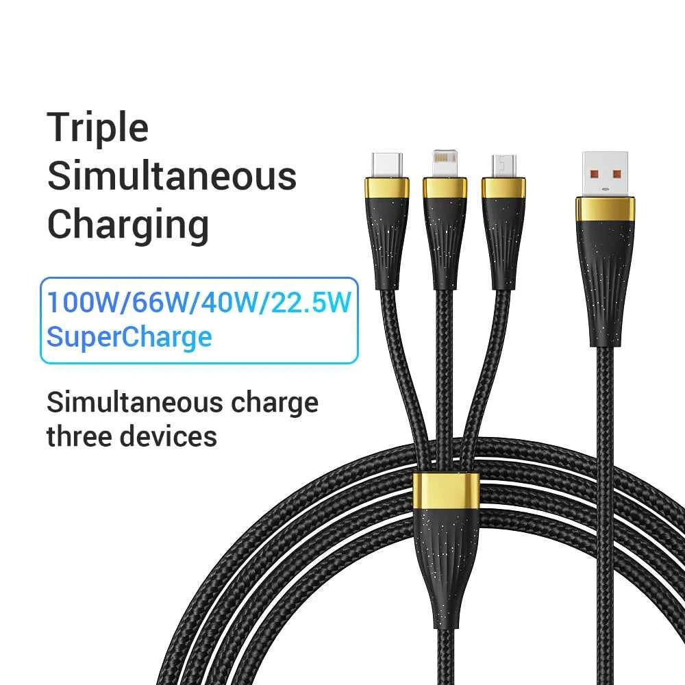 3-in-1 USB Charging Cable 100W 6A | USB-C Lightning Micro-USB Fast Charging for iPhone 14 Samsung Xiaomi
