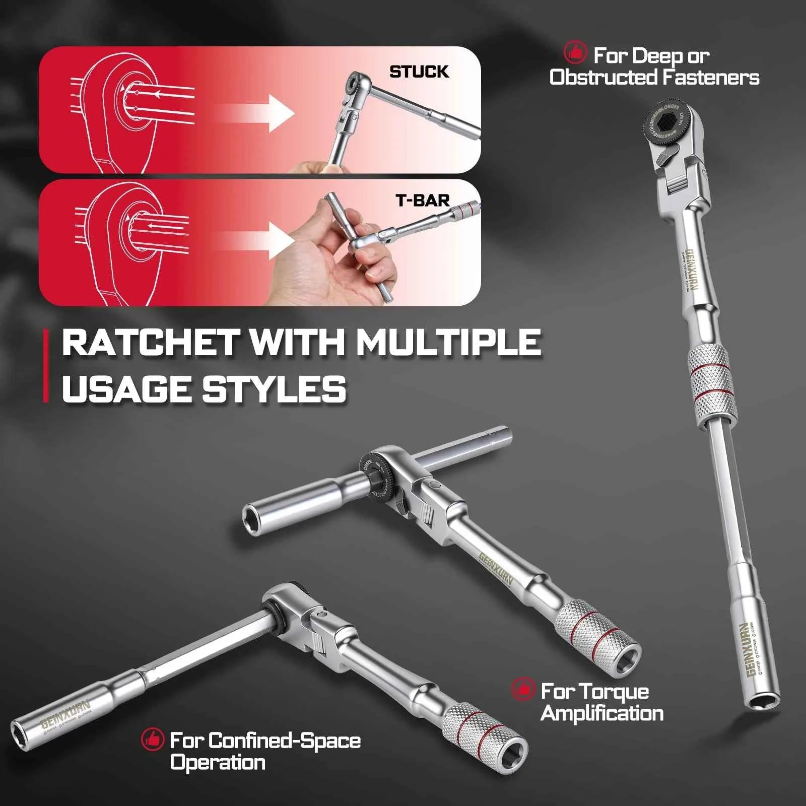1/4" Ratchet Wrench Set 4pcs | Multi-Angle Portable Hand Repair Tool Kit for Confined Spaces