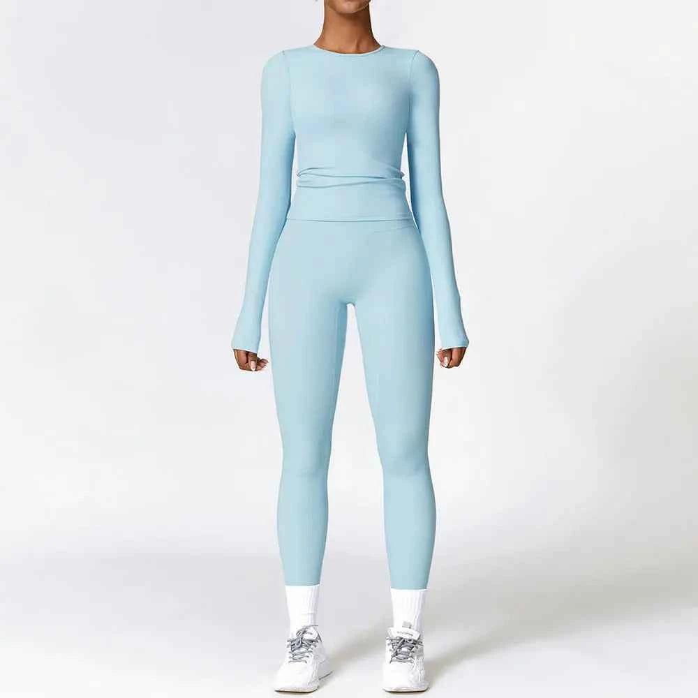Women's 2-Piece Seamless Long Sleeve Crop Top Yoga Set | High Waist Leggings Gym Fitness Suit
