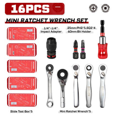Mini Ratchet Screwdriver Set 16pcs | S2 Alloy Impact Magnetic Bit Holder 1/4" Wrench Push-Pull Case
