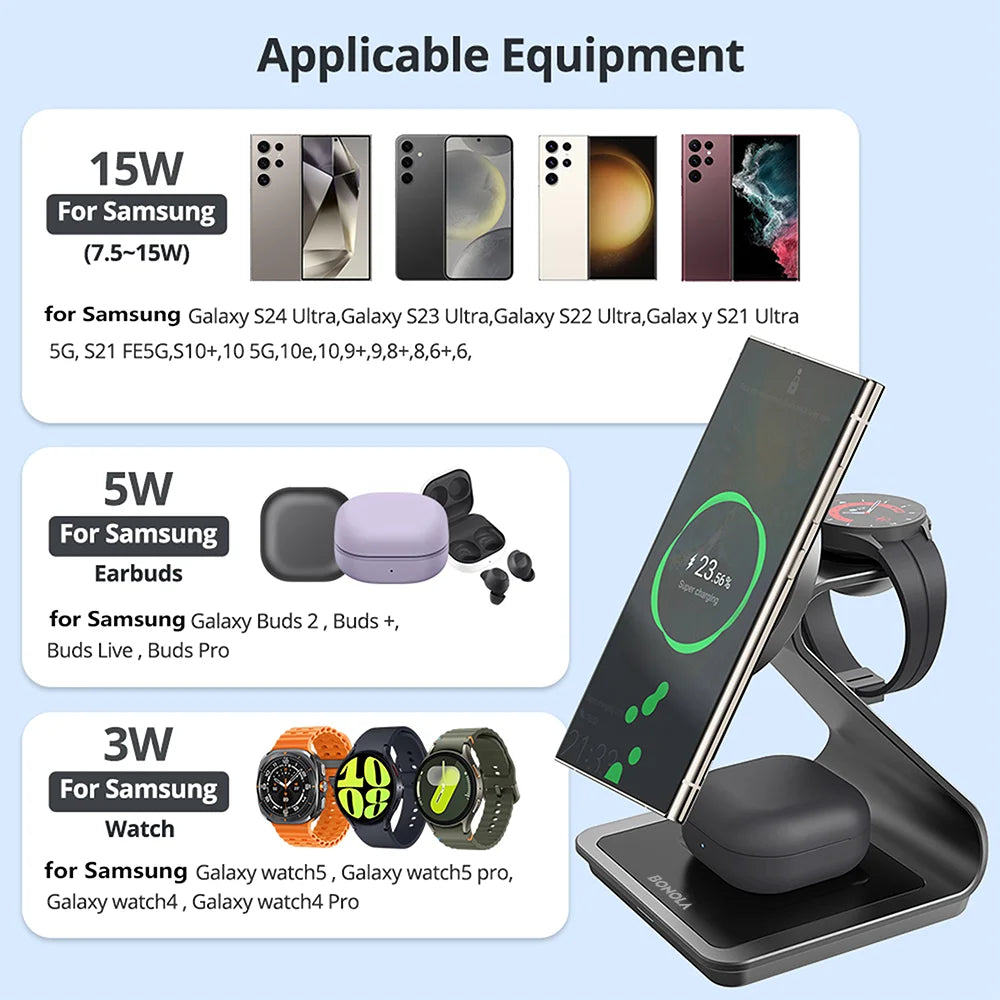 3 in 1 Wireless Charger Station for Samsung Phone, Watch & Earbuds by Snagg A Charging Station