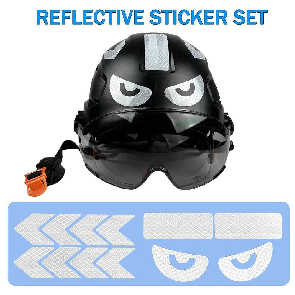 Vented construction safety helmet with twin visors, earmuffs and reflective stickers – image 5
