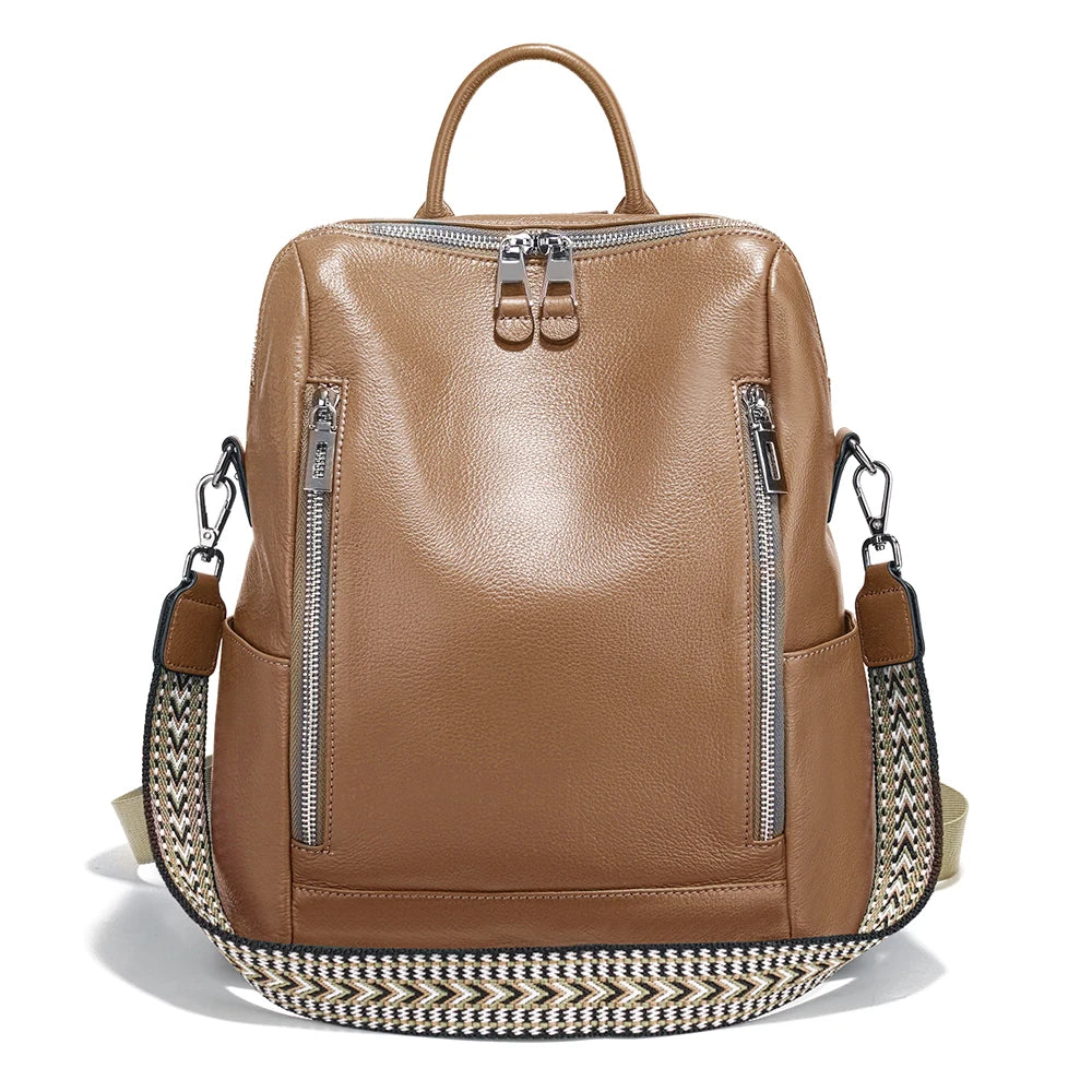 Genuine Leather Convertible Backpack – Multi-Pocket Day Pack & Shoulder Bag for Travel & Commuting