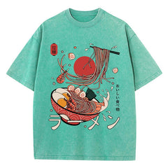 Women's Ramen Noodles Harajuku Washed T-Shirt | Cotton Oversized O-Neck All-Match Casual Top