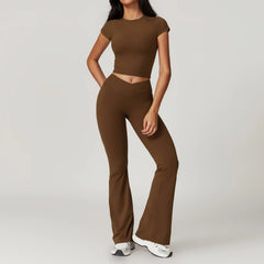 Women's 2-Piece Short Sleeve Yoga Set | Crop Top & High Waist Leggings Gym Workout Sportswear