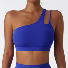 Women's Oblique Shoulder Yoga Bra | Hollow-Out Back Push-Up Gym Running Fitness Vest Workout Top