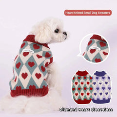 Knitted Turtleneck Dog Sweater – Diamond Heart Pattern Winter Jumper for Small Dogs & Puppies