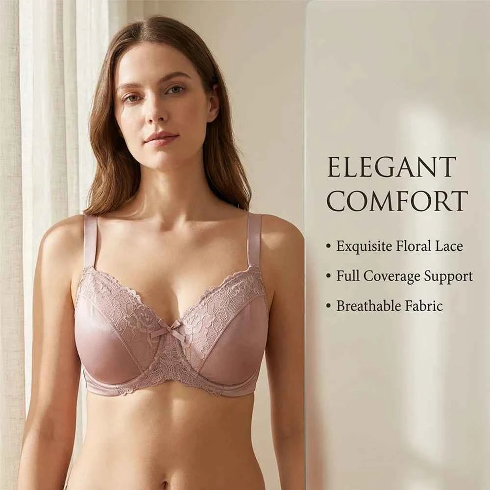 Plus Size Floral Lace Minimizer Bra | Underwire Full Coverage Non-Padded All-Day Wear