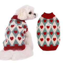 Knitted Turtleneck Dog Sweater – Diamond Heart Pattern Winter Jumper for Small Dogs & Puppies