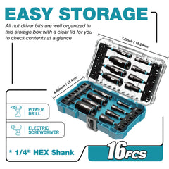 16 Piece SAE Magnetic & Deep Nut Driver Set – Chrome Vanadium Steel with Toolbox for Impact Drill, Car Repair & DIY