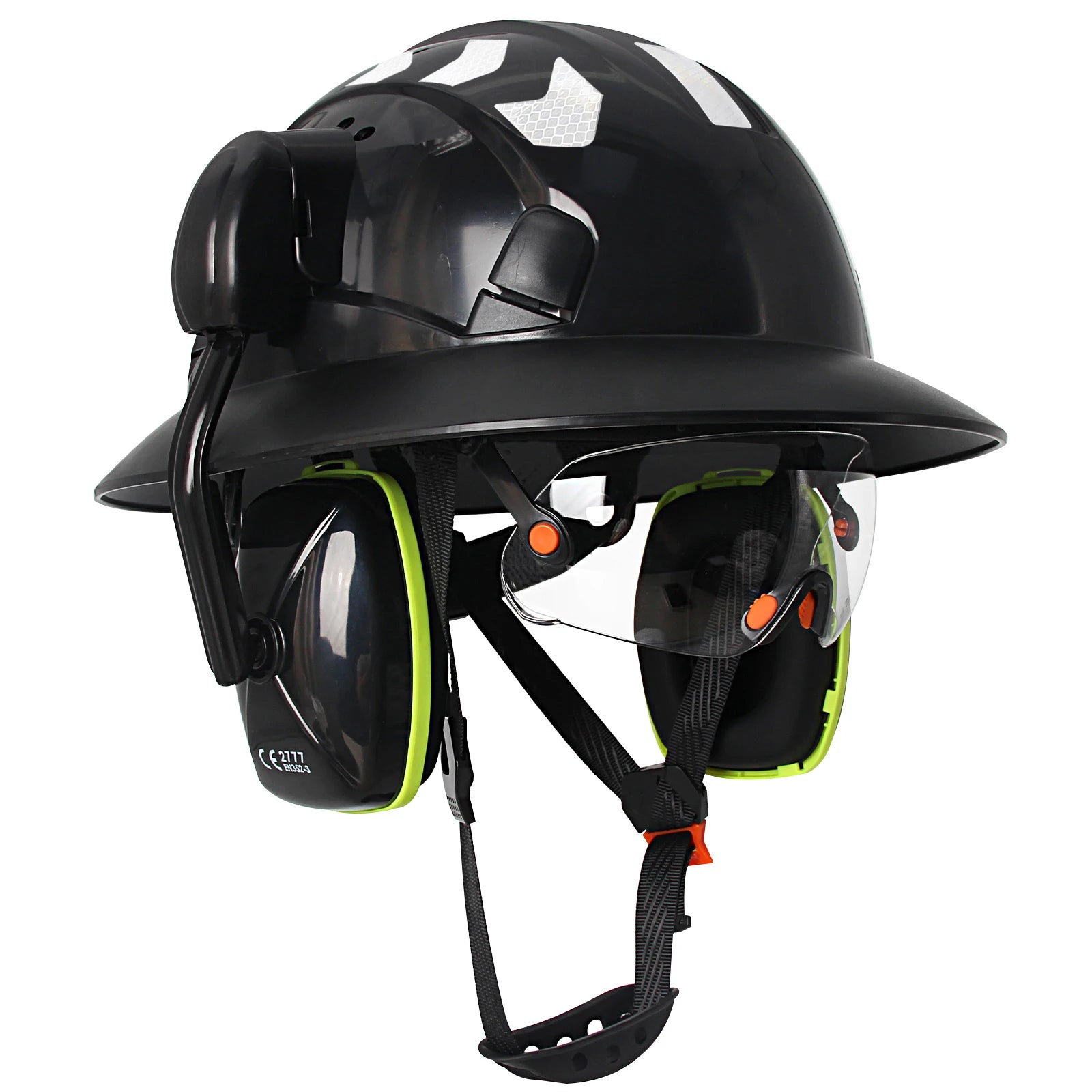 Full brim construction safety helmet with goggles, earmuffs and reflective stickers – image 15