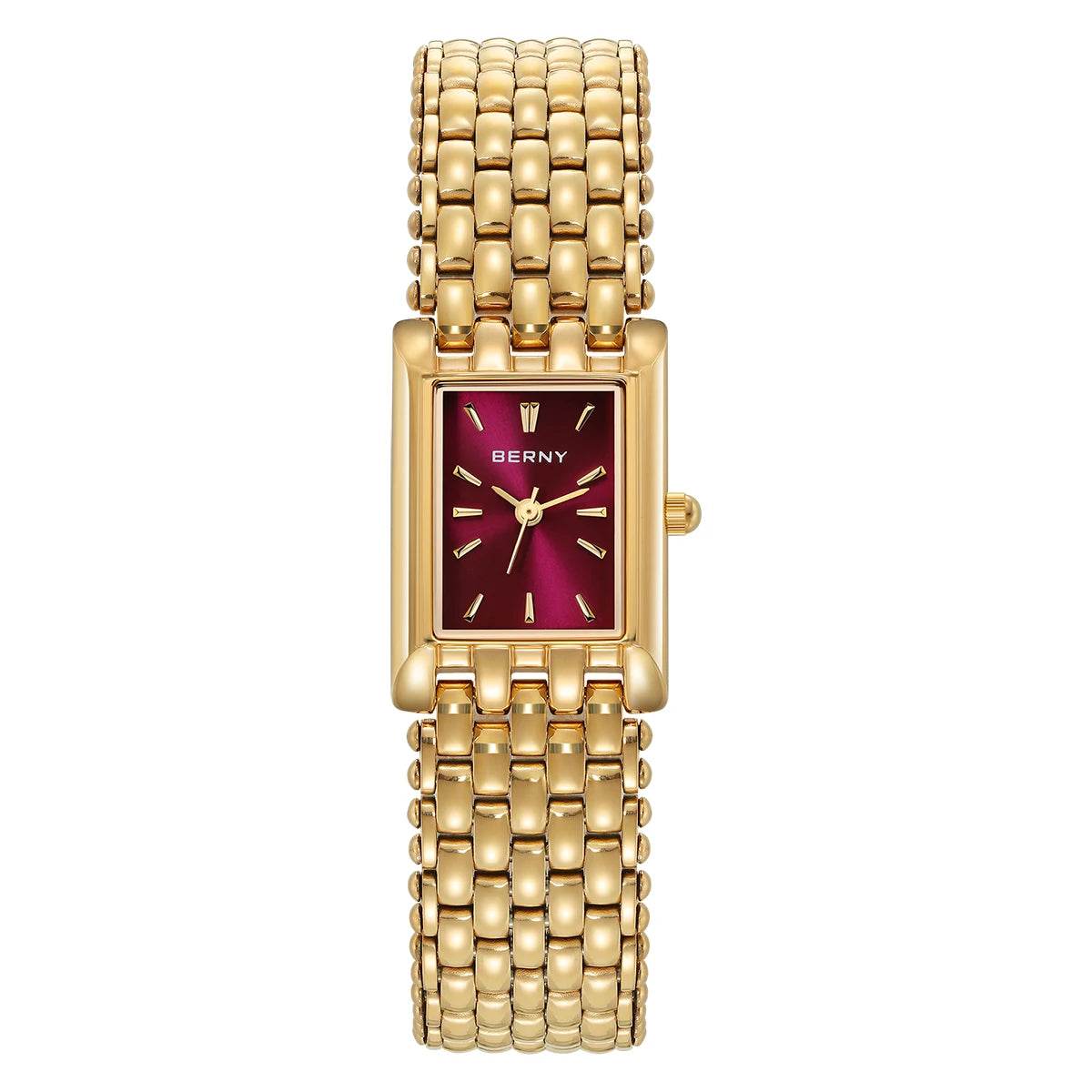 BERNY Gold Women’s Burgundy Red Rectangle Quartz Watch - SnaggIt
