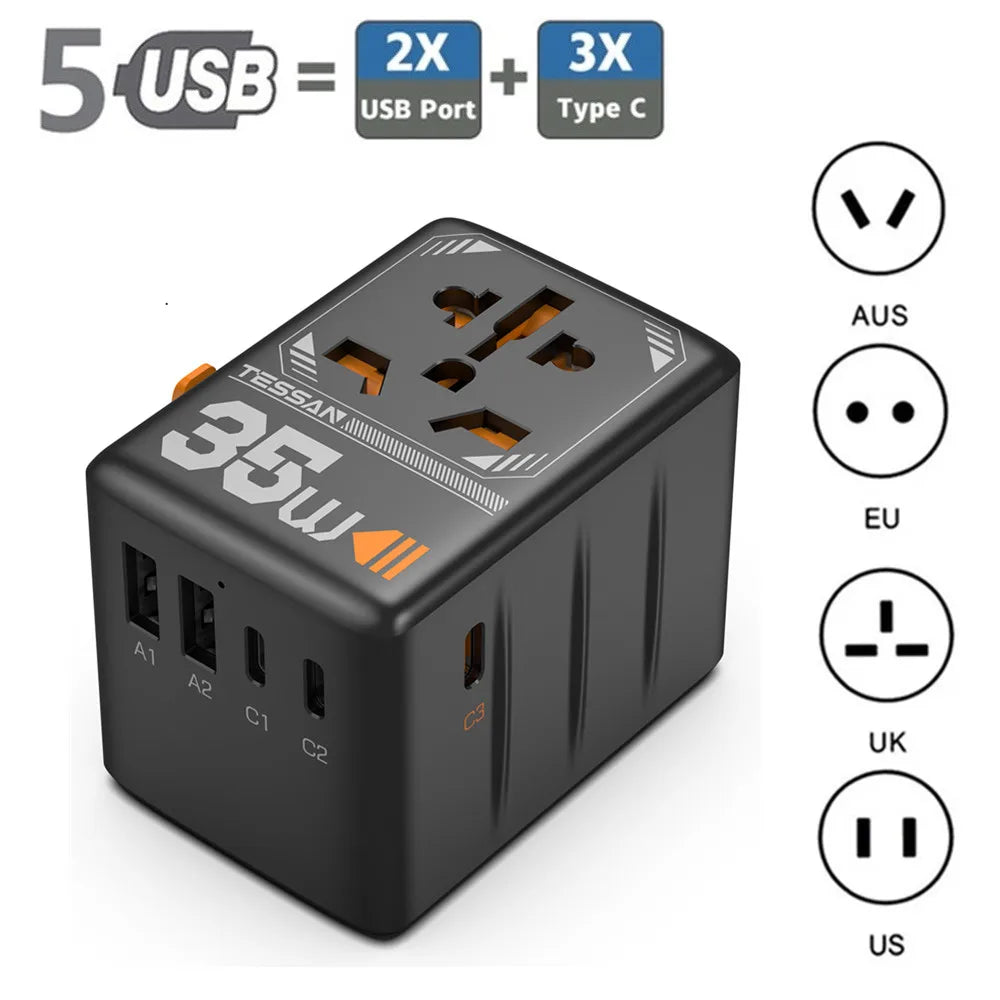 65W GaN Universal Travel Adapter with USB Type C by Snagg A Travel Adapter