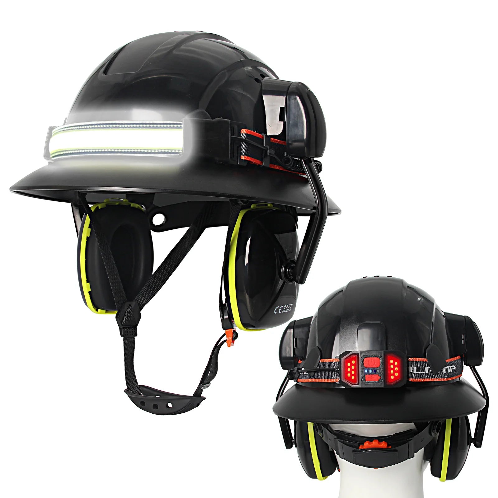 Full brim construction safety helmet with earmuffs and head lamp – image 13