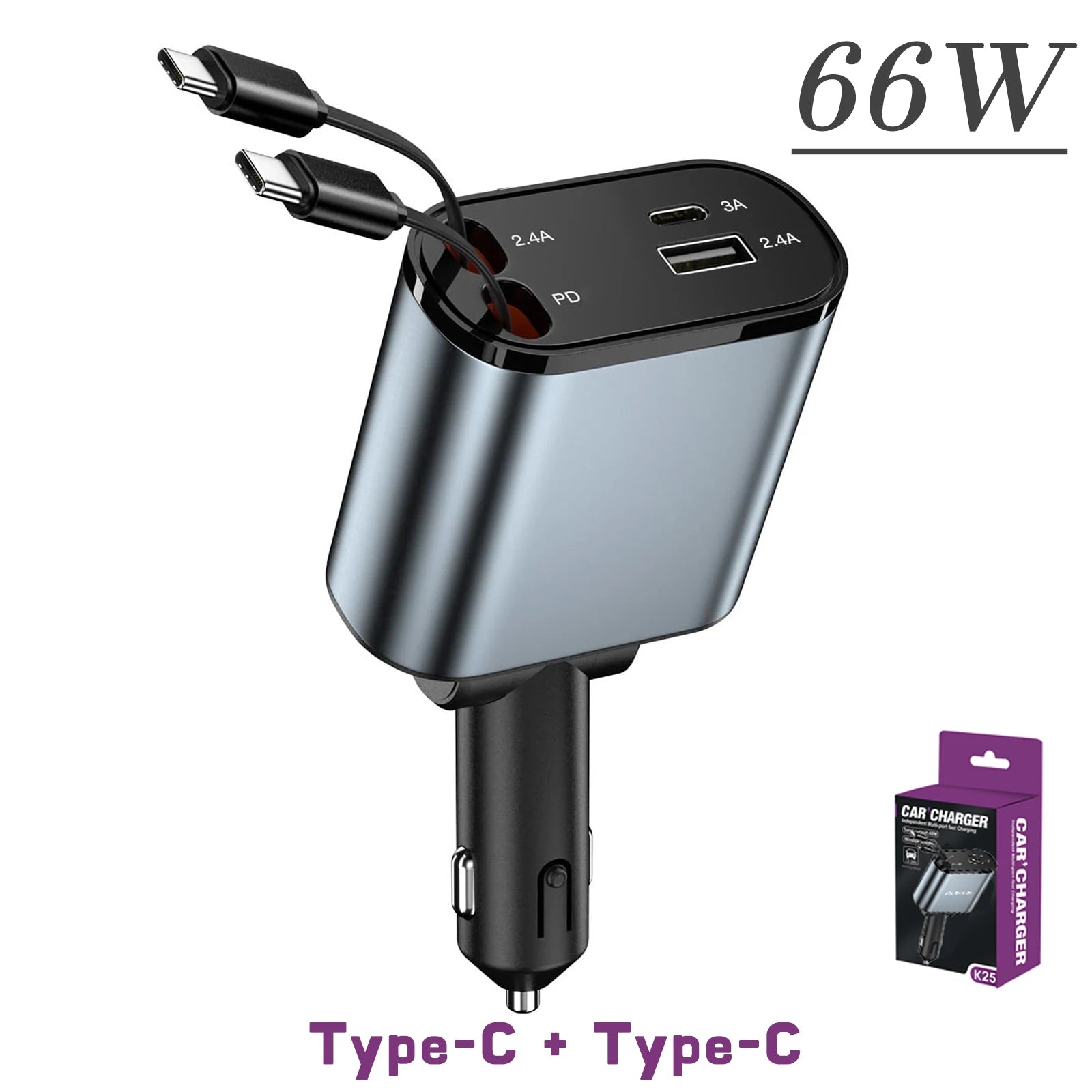 120/66w - 4 in 1 Retractable Car Charger by Snagg A Car Adapter