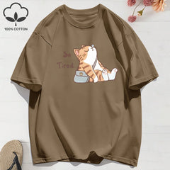 “Too Tired Cat” 100% Cotton Tee, Soft Relaxed Fit Streetwear Graphic Shirt