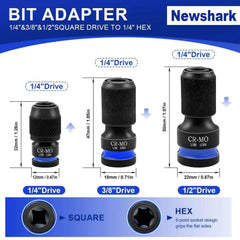1/4 Hex Converter tools set, Quick Release Impact Bit Holders, 1/2 3/8 1/4-INCH Drive Female to 1/4-Inch Hex Adapter