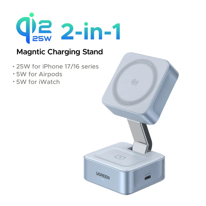 Qi2 15W 2-in-1 Magnetic Wireless Charging Stand | MagSafe Fast Charger for iPhone 16 17 AirPods