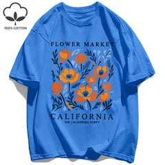 Women's California Yellow Flowers Market Print T-Shirt | Soft Cotton O-Neck Casual Crewneck Short Sleeve