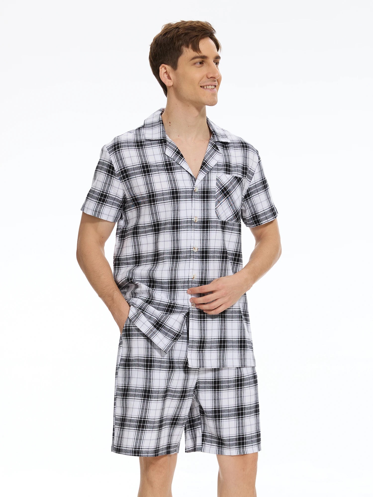 Men's Cotton Short Pajama Set | 2-Piece Breathable Button Top & Elastic Shorts Summer Loungewear
