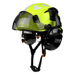 Vented construction safety helmet with twin visors, earmuffs and reflective stickers – image 12