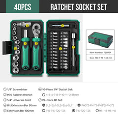 40-in-1 Ratchet Socket Bit Set 1/4" Drive – Cr-V Steel, Quick-Release, Phillips & Slotted for Repair