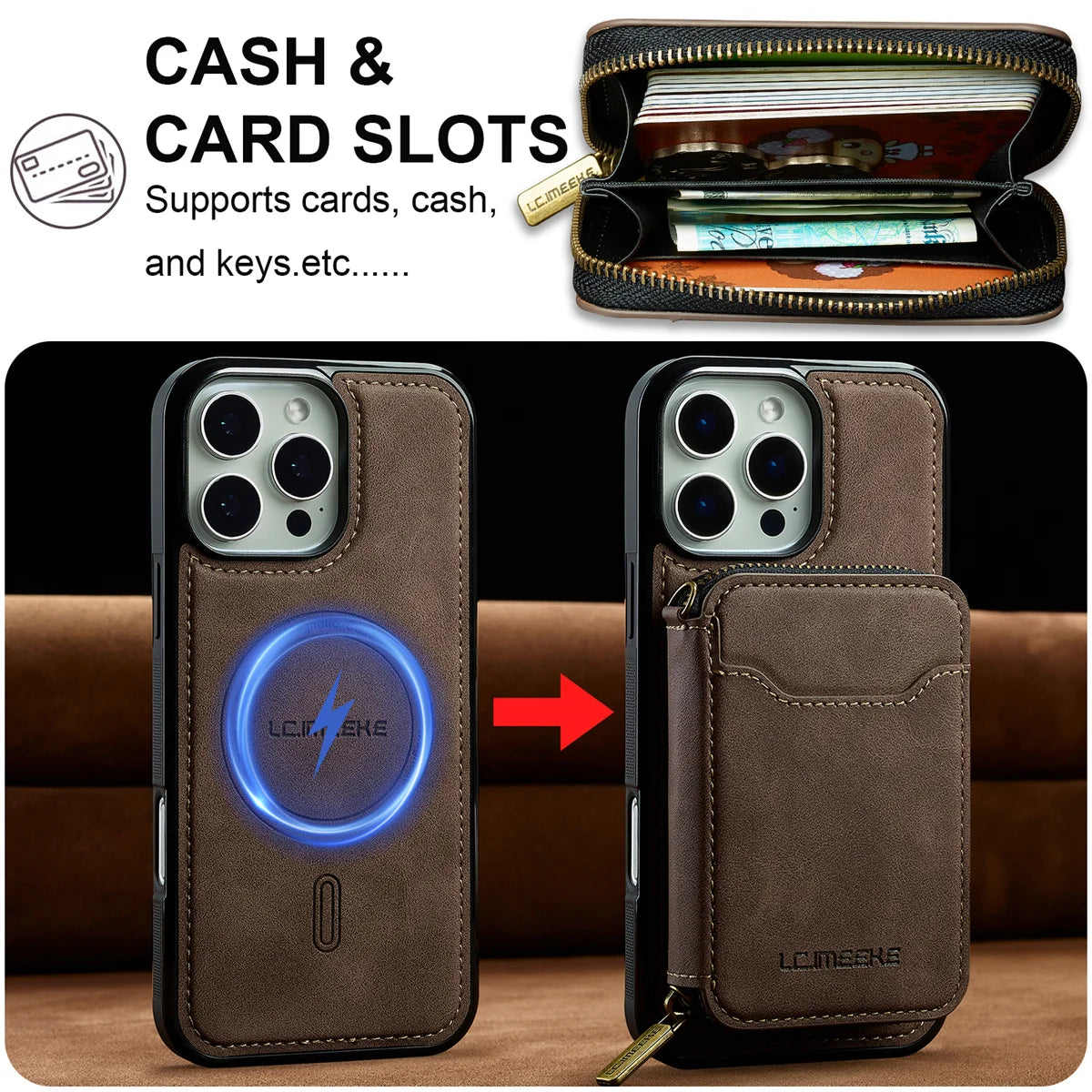 2 in 1 MagSafe Magnetic Leather Wallet & Card Holder Case - for iPhone 15 Series - Phone Cases Covers
