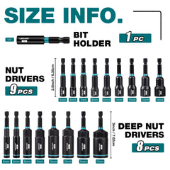 16/18 Pcs Magnetic & Deep Nut Driver Set – SAE & Metric Impact Nut Driver Kit with 1/4" Hex Shank for Drill & Impact Driver