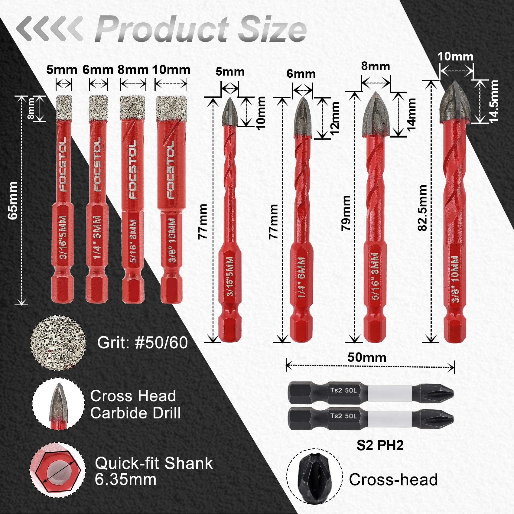 Quick-Connect Dry Drill Core Bit Set | Economy Phillips Spiral Carbide Bit for Tile Marble Granite