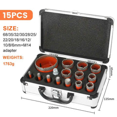15 Piece Professional Vacuum Brazed Diamond Core Bit Set & M14 Threaded Masonry Hole Saw Kit