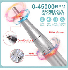 Professional 45,000 RPM Brushless Electric Nail Drill – High Torque Rechargeable Manicure & Pedicure Station