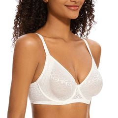 Plus Size Plunge Minimizer Bra | Floral Lace Mesh Underwire Full Coverage Big Bust