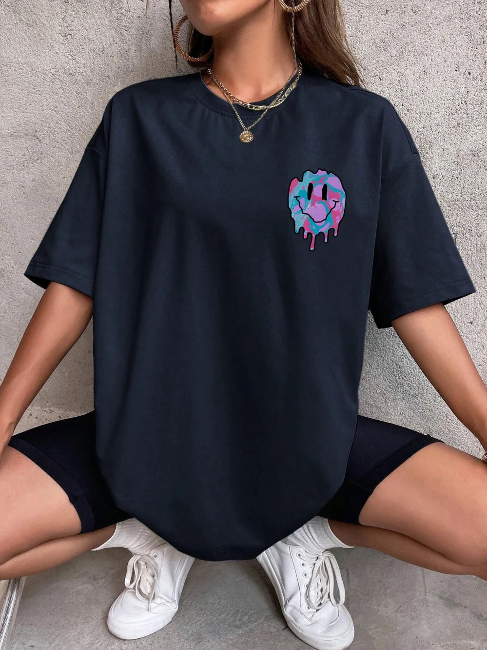 Women's Smile Face Print T-Shirt | Street Casual All-Match Soft Hip Hop Breathable Fashion Tee
