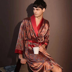 Men's Ice Silk Printed Bathrobe | Thin Summer Nightrobe Large Size Loungewear