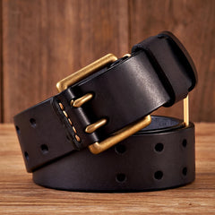 Men’s Vintage Cowhide Leather Belt - 3.8cm Wide Strap with Double-Pin Copper Buckle