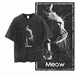 Acid Washed Cat Graphic Unisex T-Shirt | Cotton Streetwear Big Size Vintage Tee