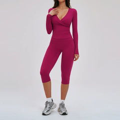 Women's 2-Piece Deep V Yoga Set | High Waist Flared Pants & Sports Bra Gym Fitness Tracksuit