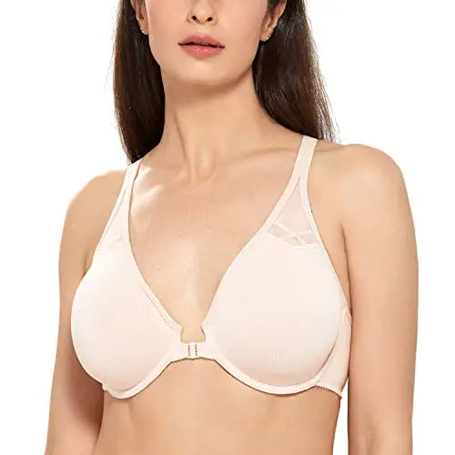 Plus Size Front Closure Racerback Bra | Underwire Plunge Full Coverage Supportive Unlined