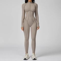 Women's Long Sleeve Yoga Bodysuit | Zipper One-Piece Gym Jumpsuit High-Intensity Fitness Tights
