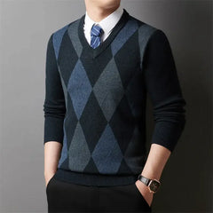 Men’s Argyle Plaid V-Neck Pullover | Classic Winter Knitted Sweater
