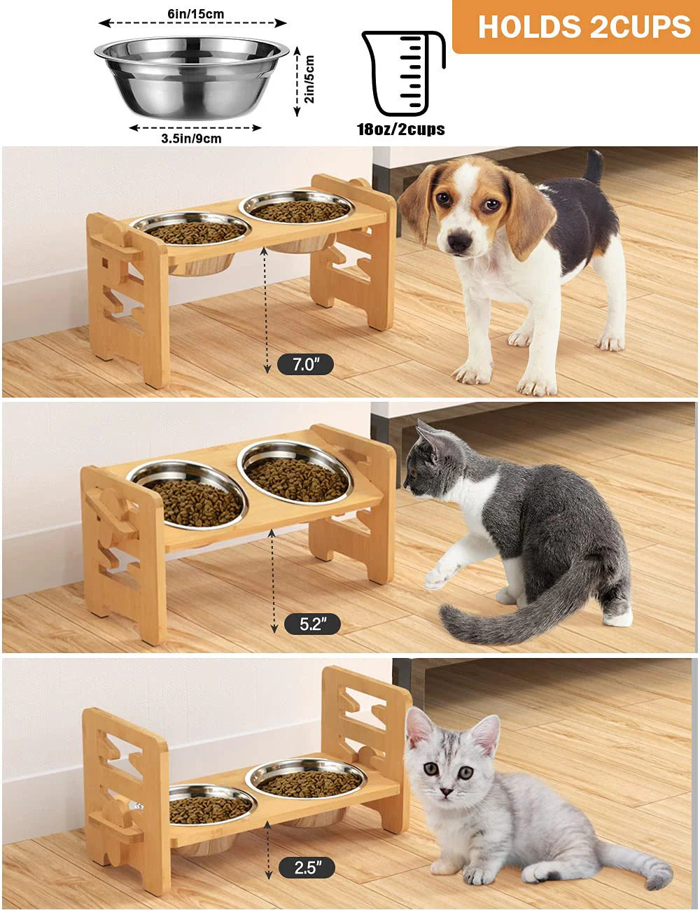 Elevated Stainless Steel Dog & Cat Bowls with Bamboo Stand by Snagg A Feeder