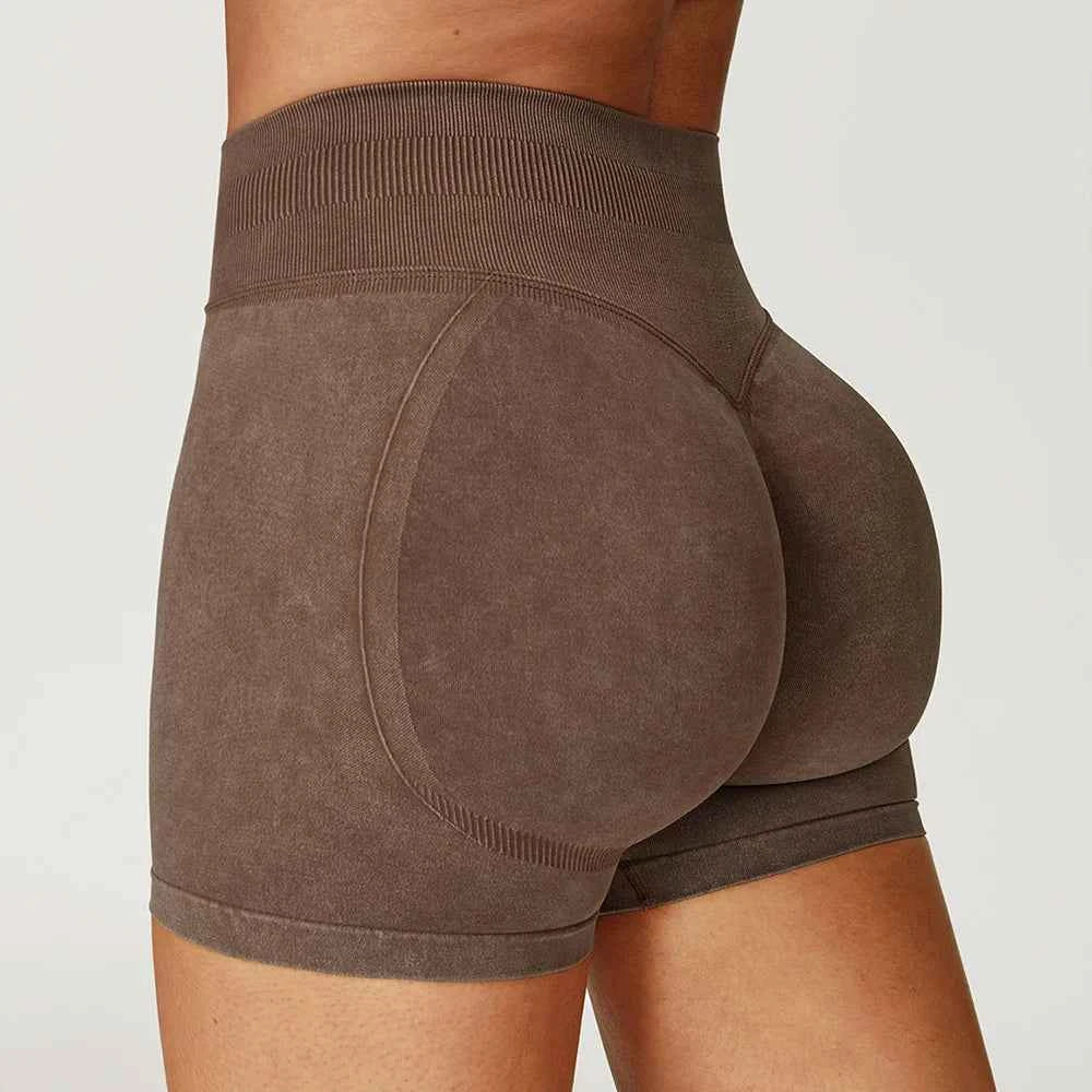 Women's High Waist Lift Butt Yoga Shorts | Sand-Washed Seamless Workout Gym Running Short Pants