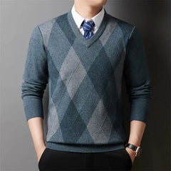 Men’s Argyle Plaid V-Neck Pullover | Classic Winter Knitted Sweater