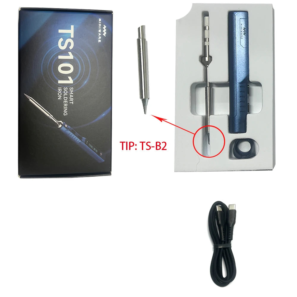 Smart soldering iron with packaging, cable, and user manual on a white background